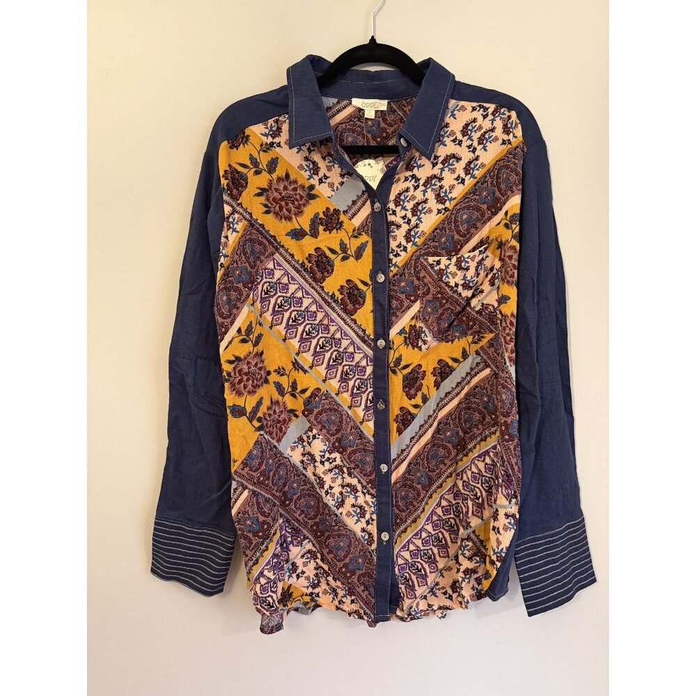 NWT Oddy Woman's Mixed Media Button Down Collared Denim Shirt Size XL [jb]